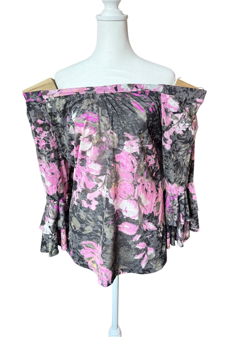 INC Floral Off Shoulder Ruffle Sleeve Blouse XXL pink grey